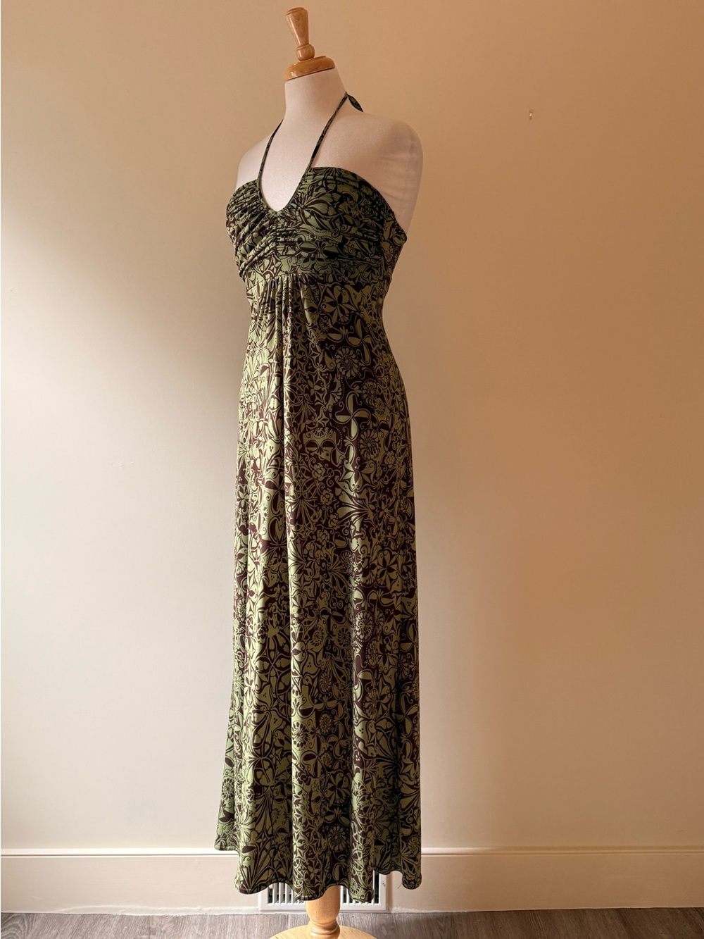 Venus Y2K Green Brown Floral Halter Maxi Dress
